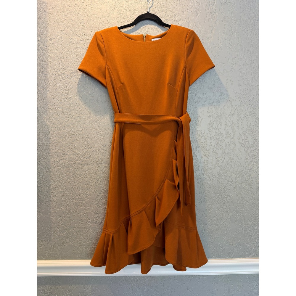 Calvin Klein Womens Burnt Orange Ruffle Faux Wrap Sheath Dress Size 6 Rust Crepe